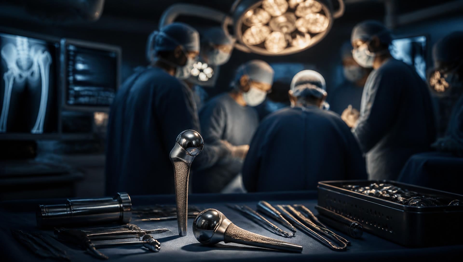 Orthopedic surgical team in the operating room with titanium implants on a sterile tray