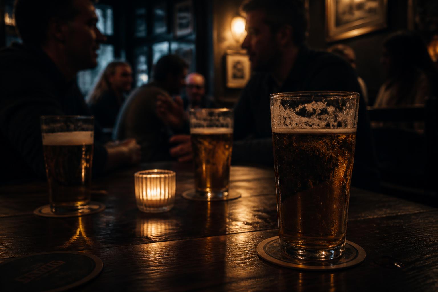 Warmly lit pub table with pints of beer and people talking